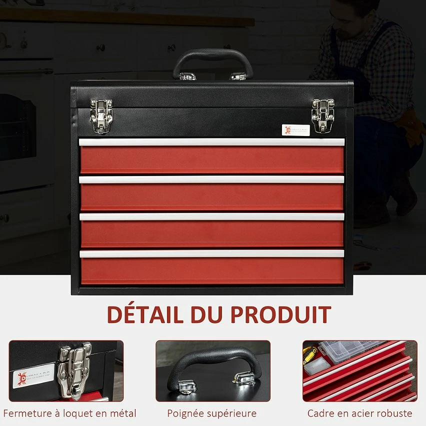 Hot Sale 🎉 Durhand Boite à outils métallique coffret à outils caisse à outils 4 tiroirs + plateau tôle acier rouge noir 🔥 5 Hot Sale 🎉 Durhand Boite à outils métallique coffret à outils caisse à outils 4 tiroirs + plateau tôle acier rouge noir 🔥 – Image 5