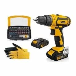 Brand new 🛒 Perceuse Visseuse 14.4V + 2 batteries Lithium 2Ah VITO + Coffret 32 Embouts + Gants + Chargeur et Mallette VITOPropower 🔥