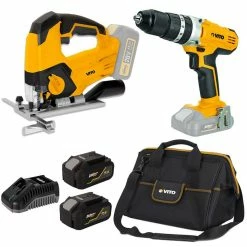 Best Sale 🔥 Pack 2 outils sans fil 20V Scie sauteuse Perceuse 2 batteries lithium 4Ah VITO Chargeur Rapide Sacoche à outils 🎁
